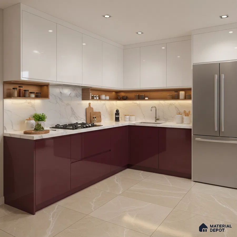 Modern dual tone kitchen with burgundy high gloss laminate, frosty white laminate, and marble-look backsplash in Bengaluru