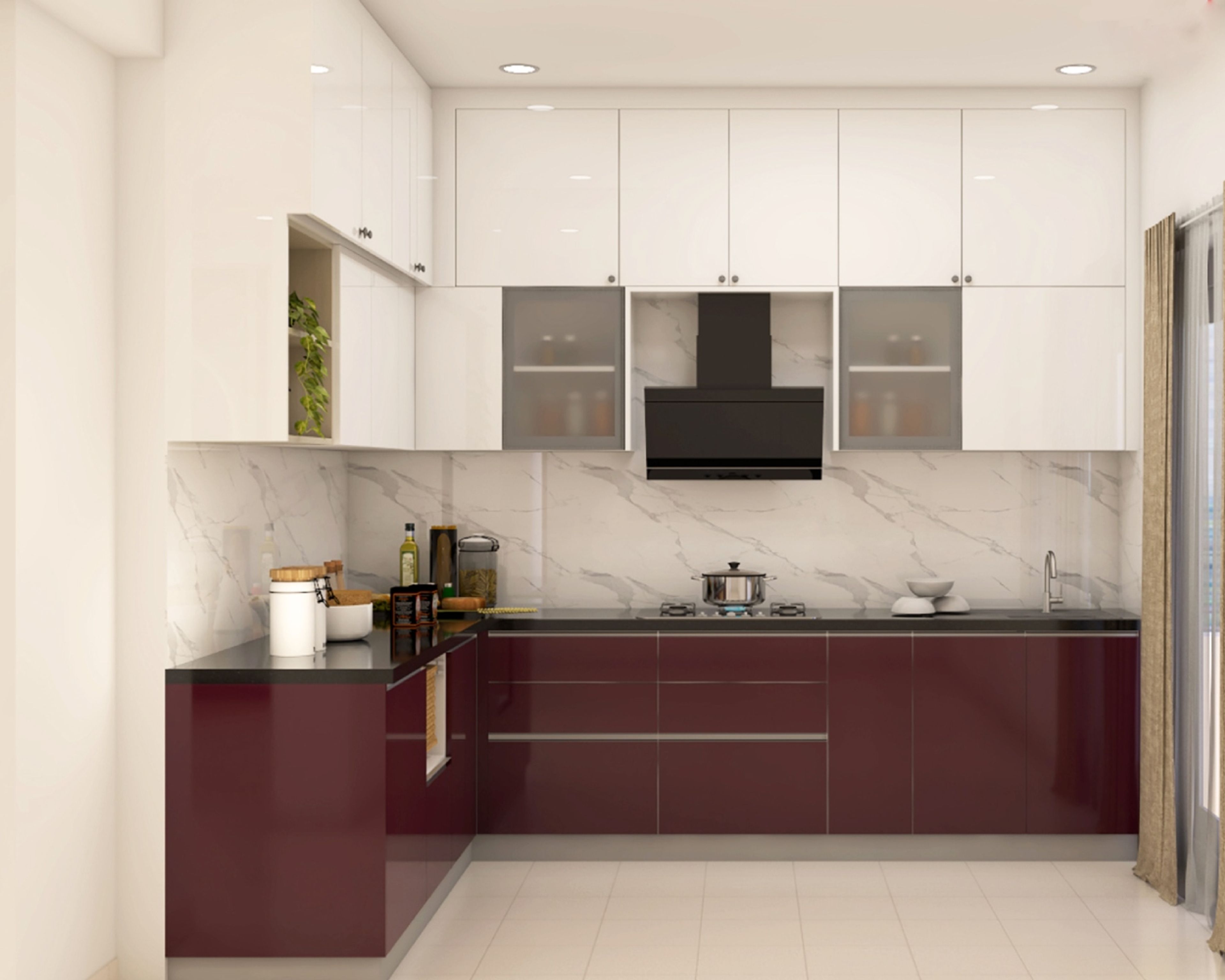 Modern dual tone kitchen with burgundy high gloss laminate, frosty white laminate, and marble-look backsplash in Bengaluru | Material Depot