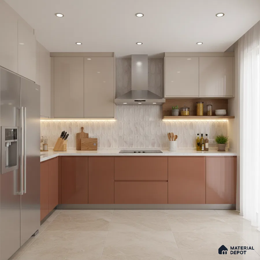 Modern dual tone kitchen with cappuccino and terracotta laminate, white quartz countertop, and patterned backsplash tile in Bengaluru