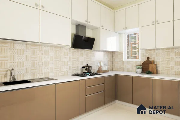 Modern dual tone kitchen with frosty white and cappuccino laminate, patterned beige backsplash tile, and white quartz countertop in Bengaluru | Material Depot