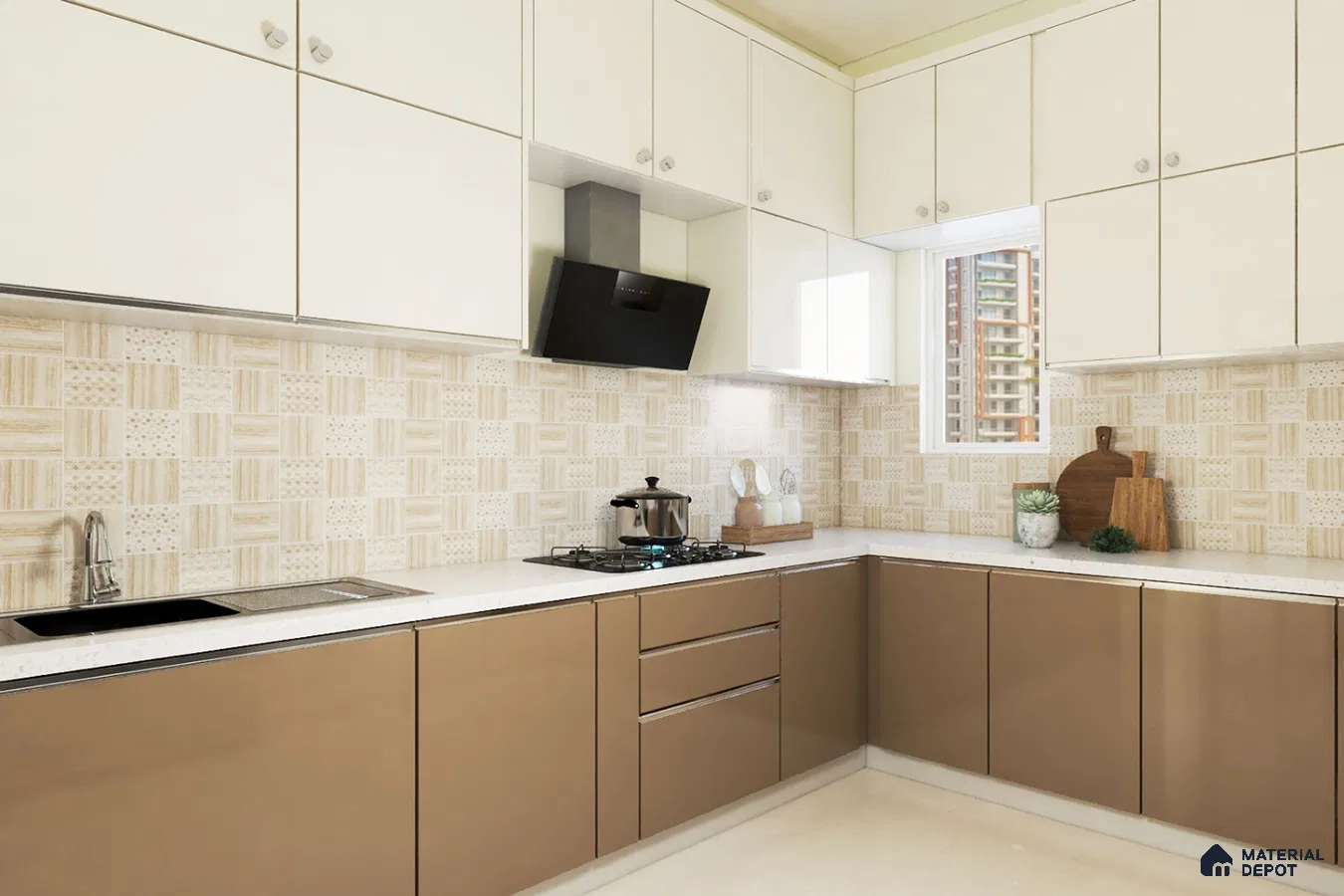 Modern dual tone kitchen with frosty white and cappuccino laminate, patterned beige backsplash tile, and white quartz countertop in Bengaluru | Material Depot