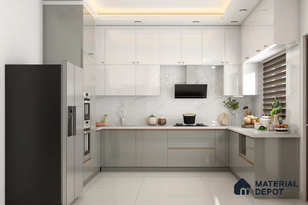 Modern dual tone kitchen with frosty white and dove grey high gloss laminate, white marble-look backsplash, and quartz countertop in Bengaluru | Material Depot