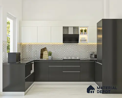 Modern dual tone kitchen with frosty white and graphite grey laminate, geometric patterned backsplash tile, and black quartz countertop in Bengaluru | Material Depot