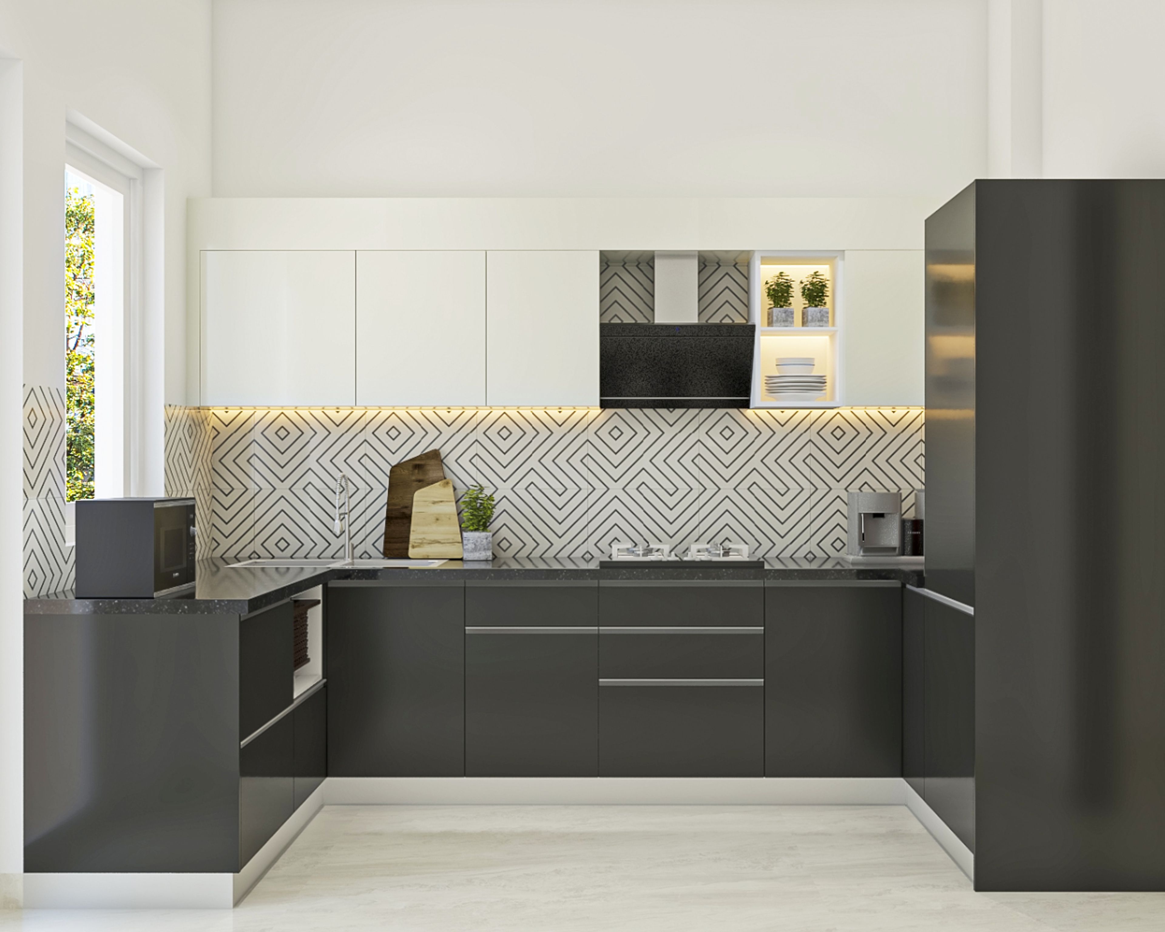 Modern dual tone kitchen with frosty white and graphite grey laminate, geometric patterned backsplash tile, and black quartz countertop in Bengaluru | Material Depot