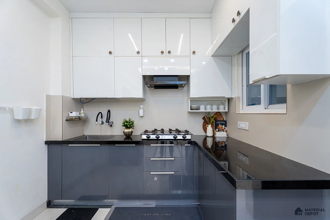 Modern dual tone kitchen with frosty white and grey high gloss laminate, black granite countertop in Bengaluru | Material Depot