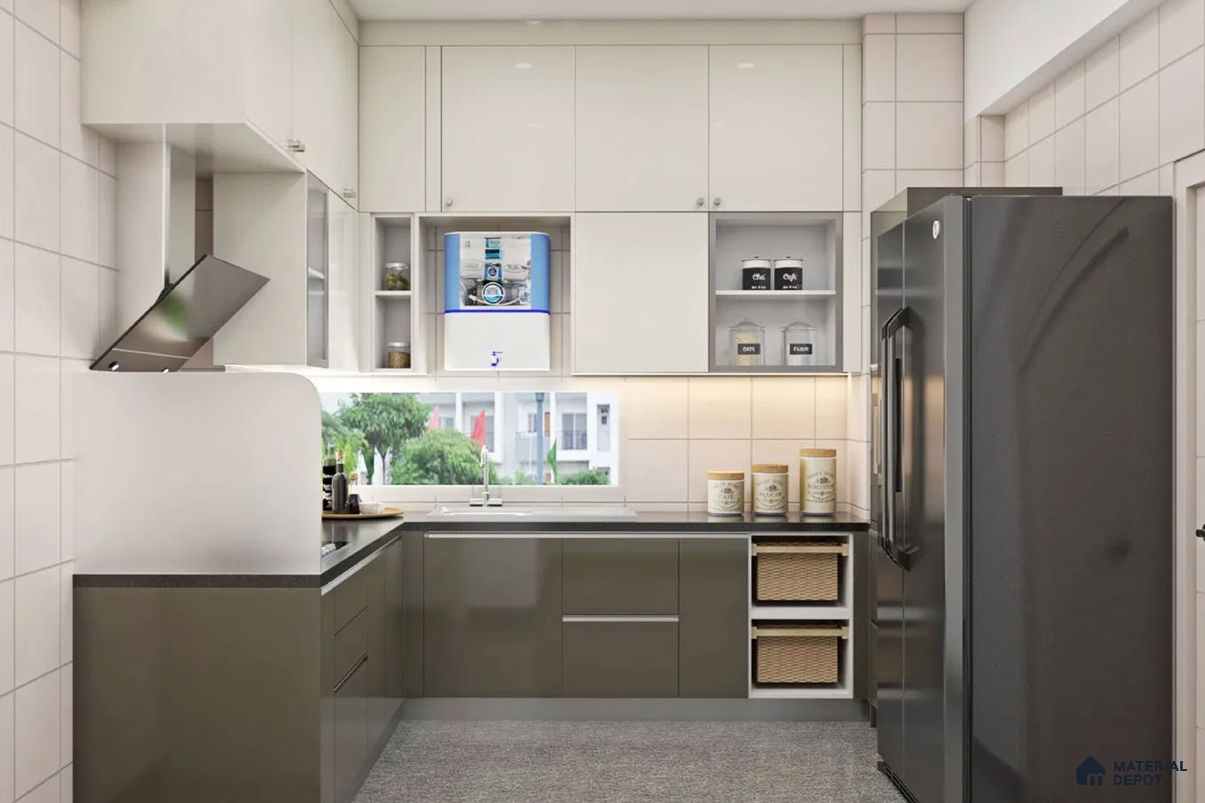 Modern dual tone kitchen with frosty white and olive green laminate, black quartz countertop, and tiled backsplash in Bengaluru | Material Depot