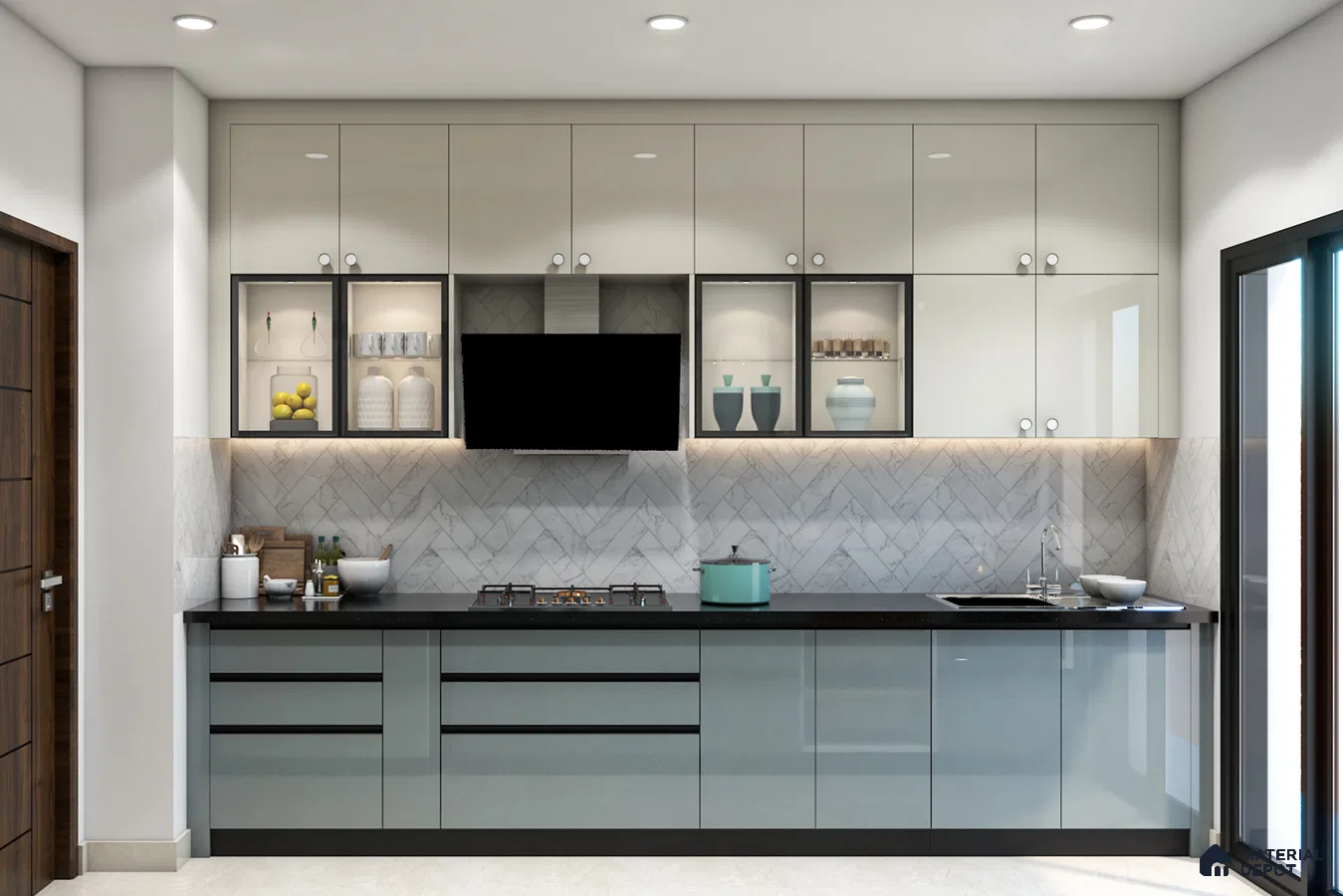 Modern dual tone kitchen with frosty white and pastel blue glossy laminates, black quartz countertop, and marble herringbone backsplash tile in Bengaluru | Material Depot