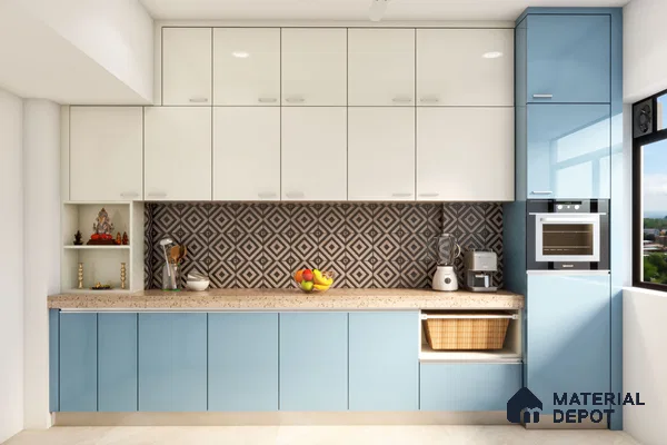 Modern dual tone kitchen with frosty white and pastel blue high gloss laminate, terrazzo countertop, and geometric patterned backsplash tile in Bengaluru | Material Depot