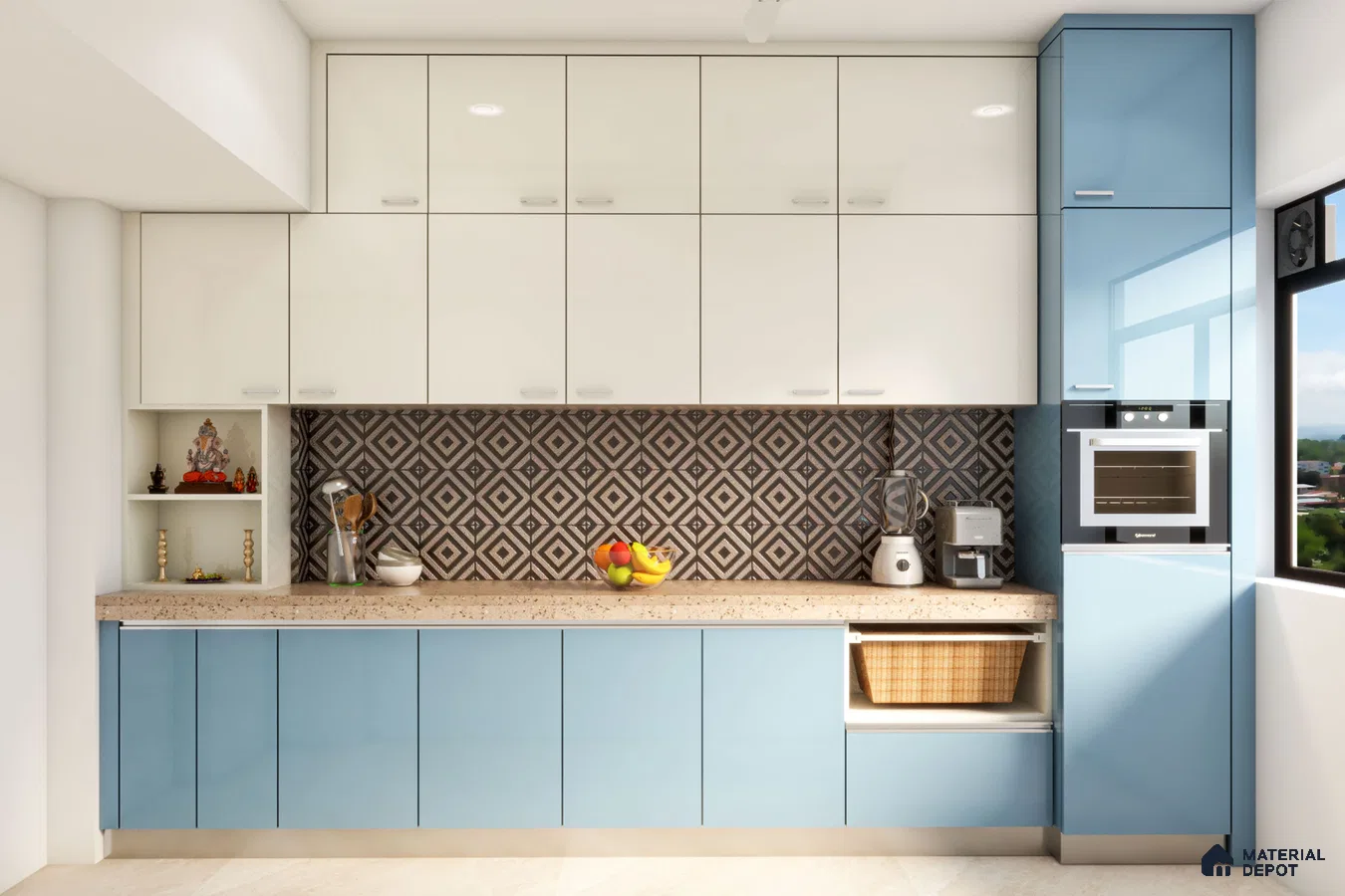 Modern dual tone kitchen with frosty white and pastel blue high gloss laminate, terrazzo countertop, and geometric patterned backsplash tile in Bengaluru | Material Depot