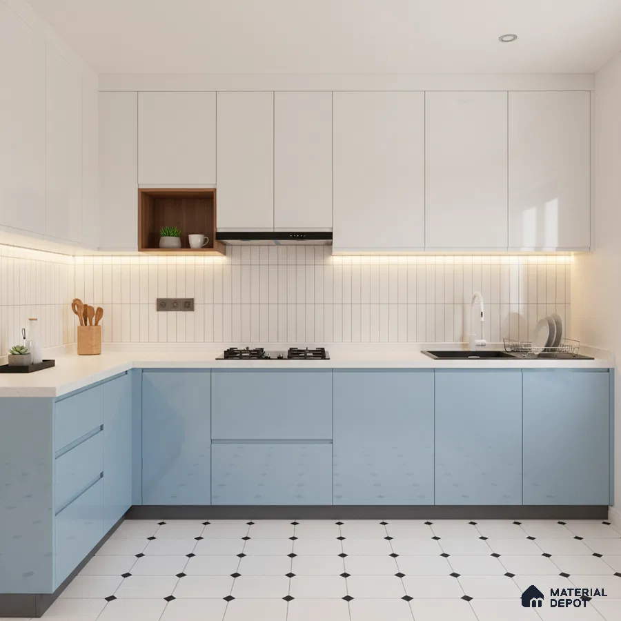 Modern dual tone kitchen with frosty white and pastel blue high gloss laminate, white quartz countertop, and geometric floor tiles in Bengaluru