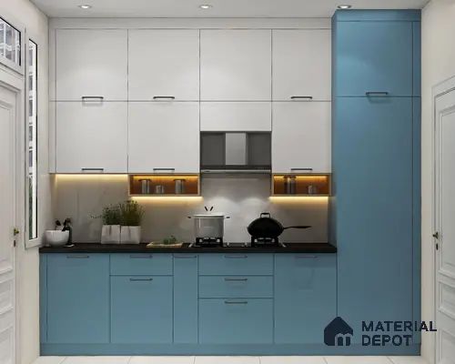 Modern dual tone kitchen with frosty white and pastel blue laminate, black granite countertop, and marble backsplash in Bengaluru | Material Depot