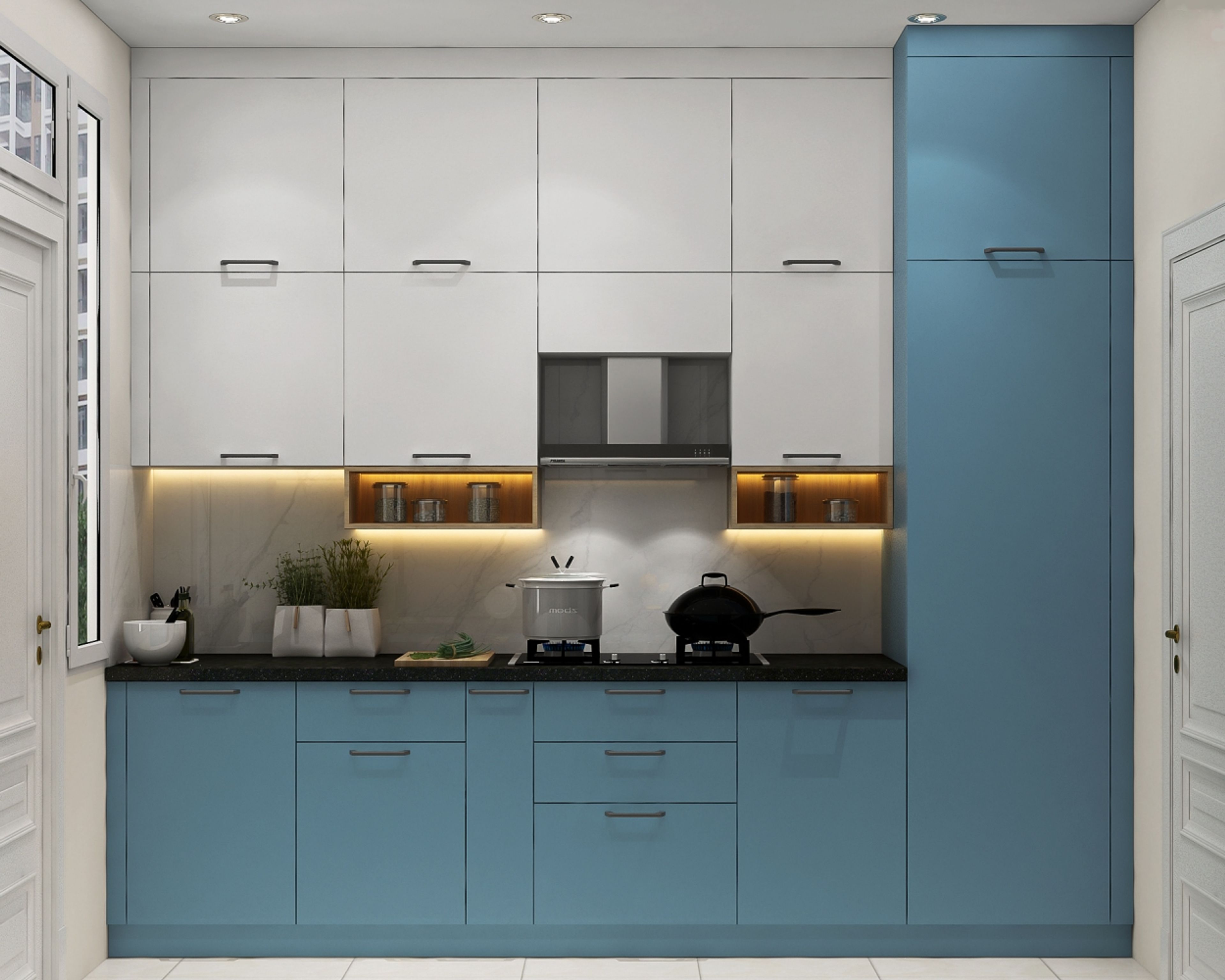 Modern dual tone kitchen with frosty white and pastel blue laminate, black granite countertop, and marble backsplash in Bengaluru | Material Depot
