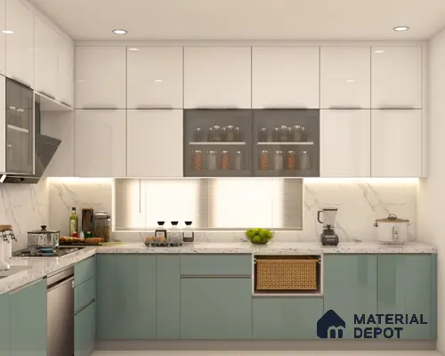 Modern dual tone kitchen with frosty white and pastel green high gloss laminate, white marble look backsplash and countertop in Bengaluru | Material Depot