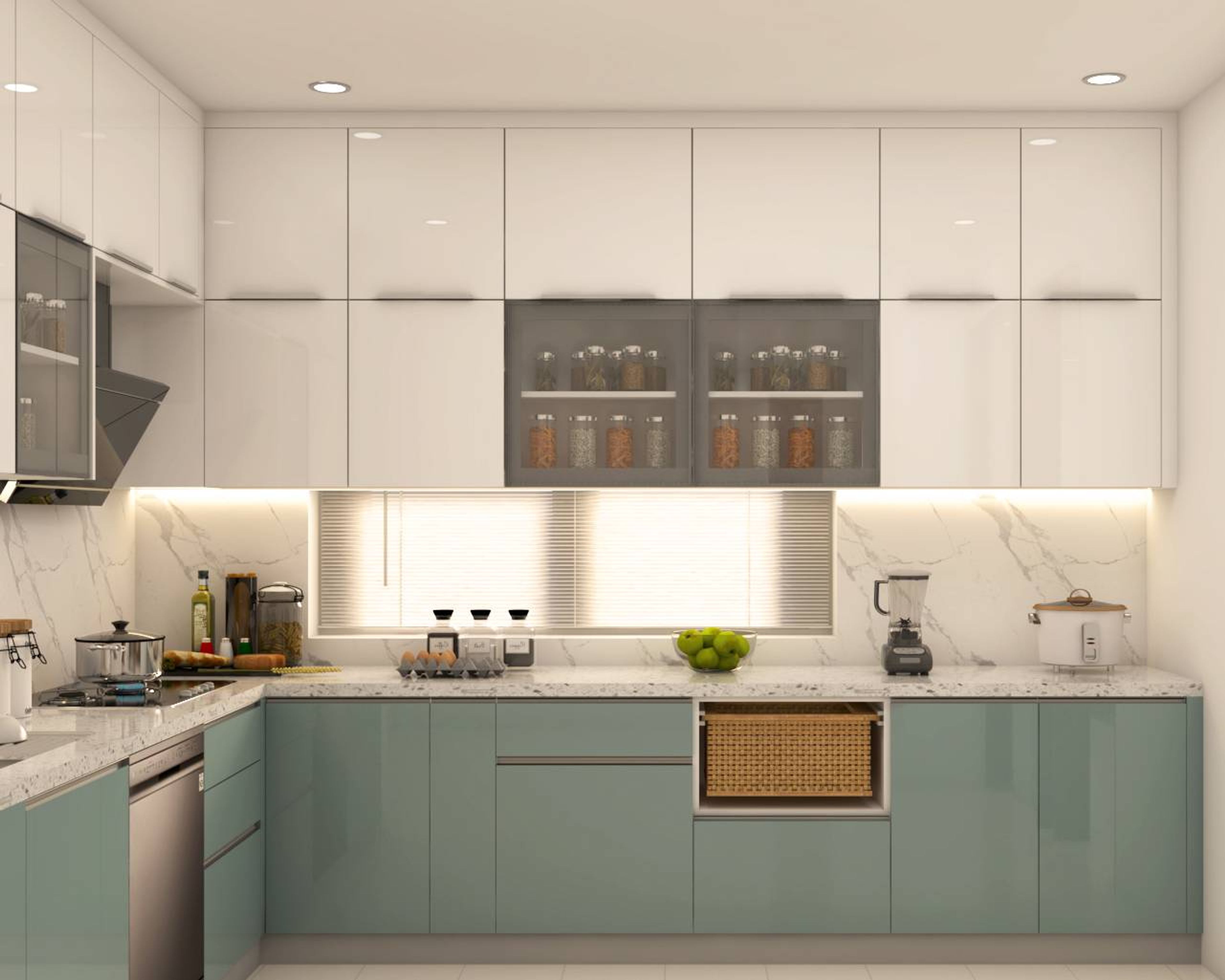 Modern dual tone kitchen with frosty white and pastel green high gloss laminate, white marble look backsplash and countertop in Bengaluru | Material Depot