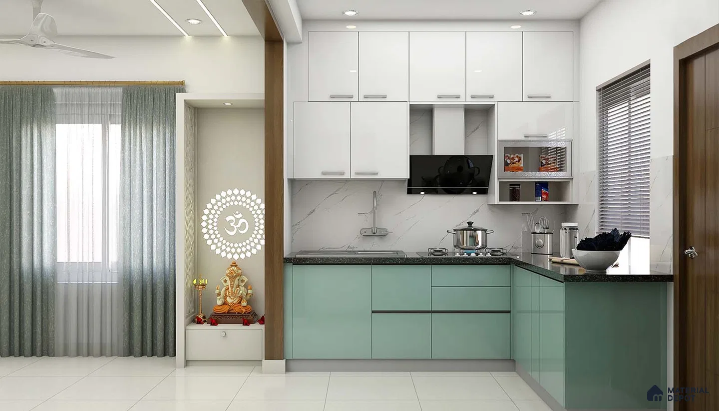 Modern dual tone kitchen with frosty white and pastel green laminate, marble backsplash, and black granite countertop in Bengaluru | Material Depot