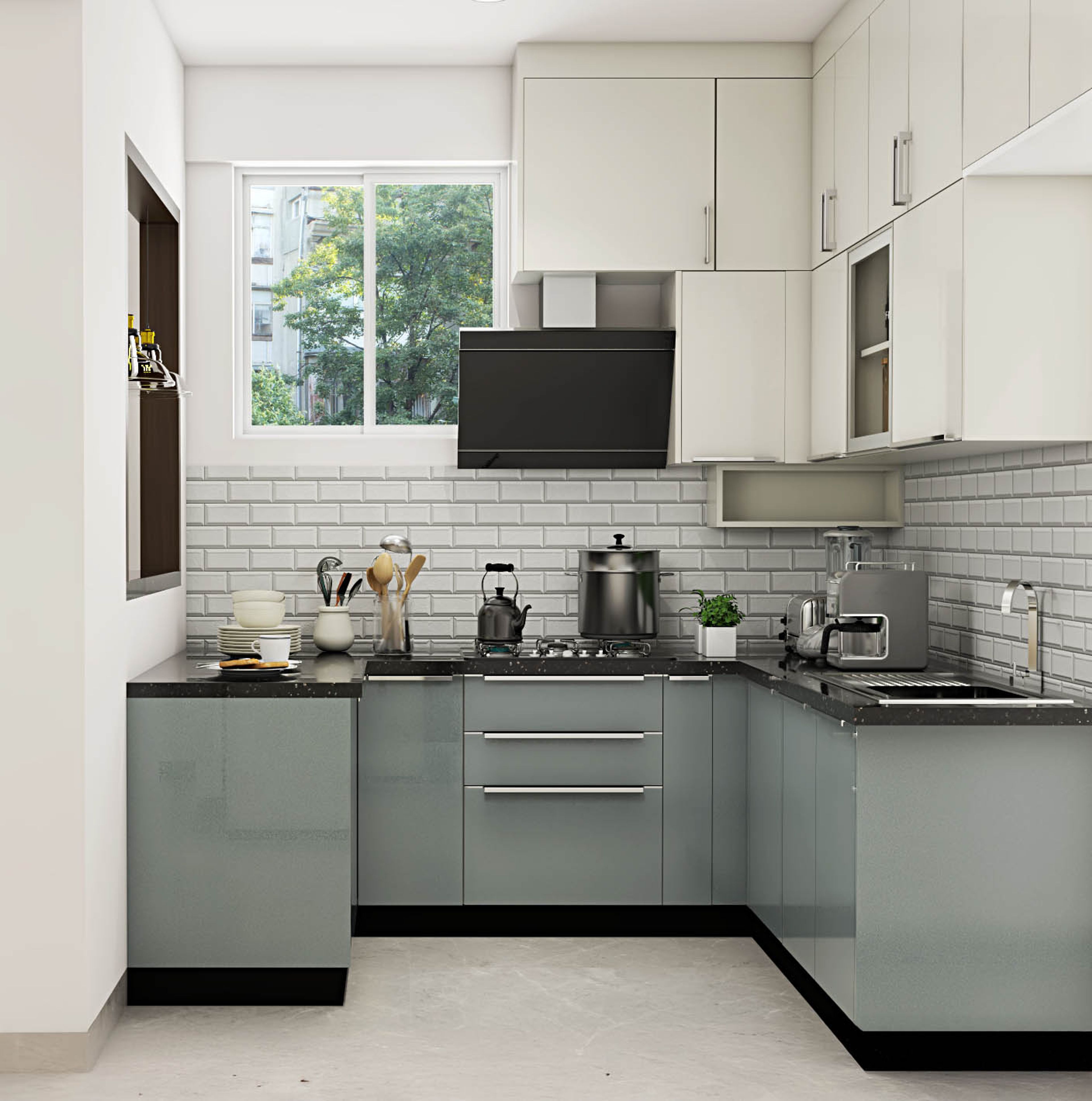 Modern dual tone kitchen with frosty white and pastel grey glossy laminate, black granite countertop, and white subway backsplash tiles in Bengaluru | Material Depot