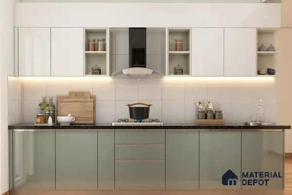 Modern dual tone kitchen with frosty white and sage green glossy laminate, black quartz countertop, and white tile backsplash in Bengaluru | Material Depot