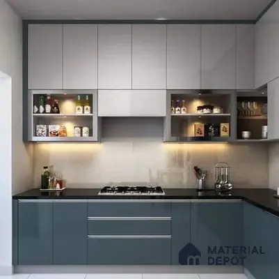Modern dual tone kitchen with frosty white and teal blue high gloss laminate cabinets and black granite countertop in Bengaluru | Material Depot