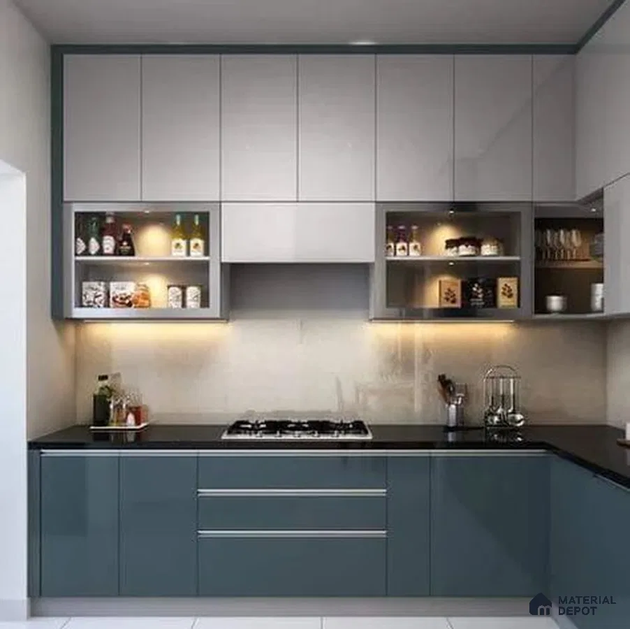 Modern dual tone kitchen with frosty white and teal blue high gloss laminate cabinets and black granite countertop in Bengaluru | Material Depot