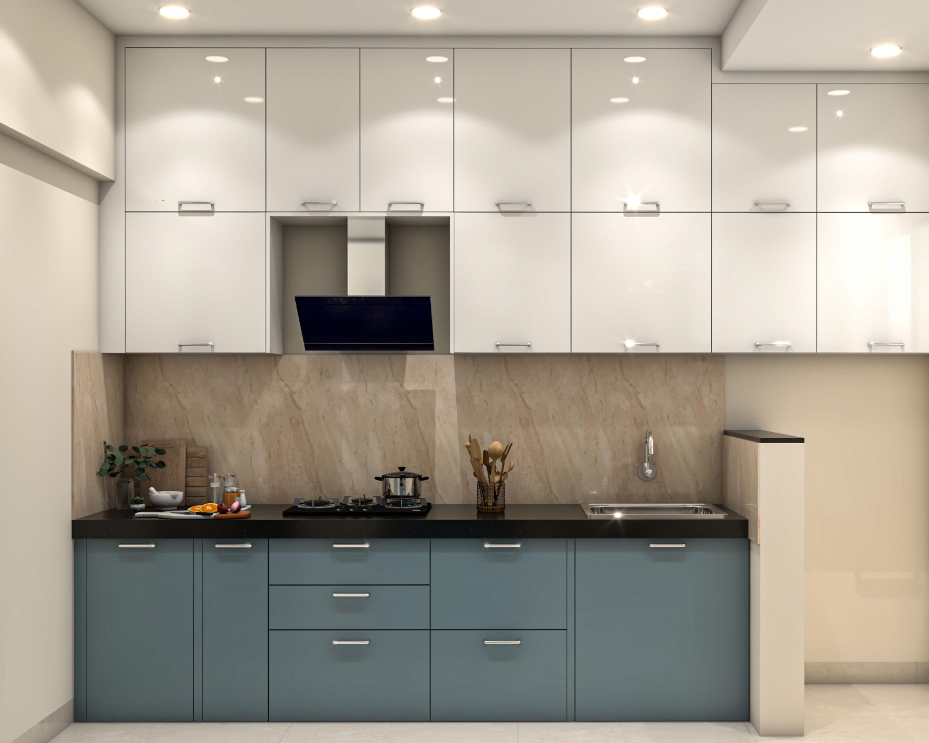 Modern dual tone kitchen with frosty white high gloss laminate, blue matte laminate, and beige marble backsplash in Bengaluru | Material Depot