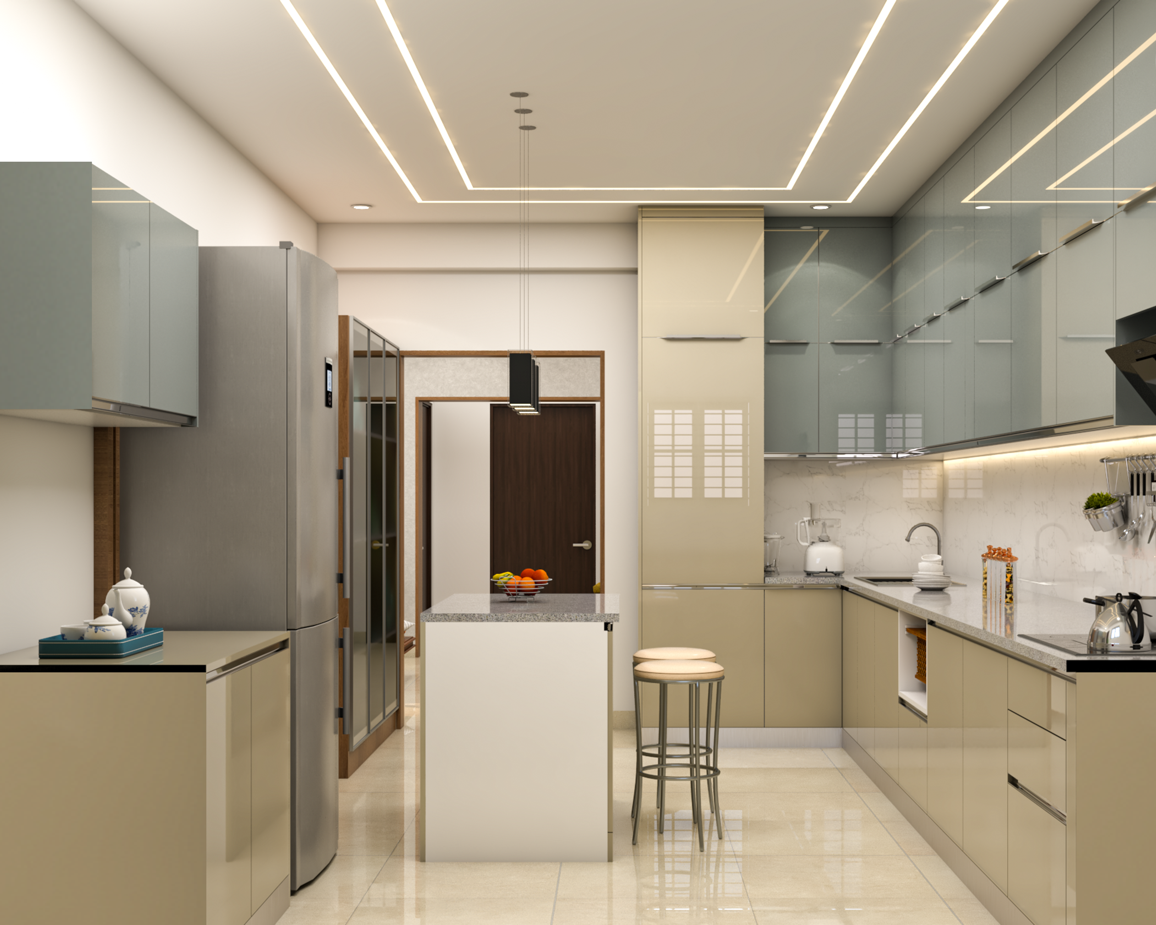 Modern dual tone kitchen with glossy beige and grey laminate, white marble backsplash, and quartz countertop in Bengaluru | Material Depot
