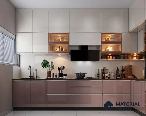 Modern dual tone kitchen with glossy beige and mauve laminate cabinets and white tile flooring in Bengaluru | Material Depot