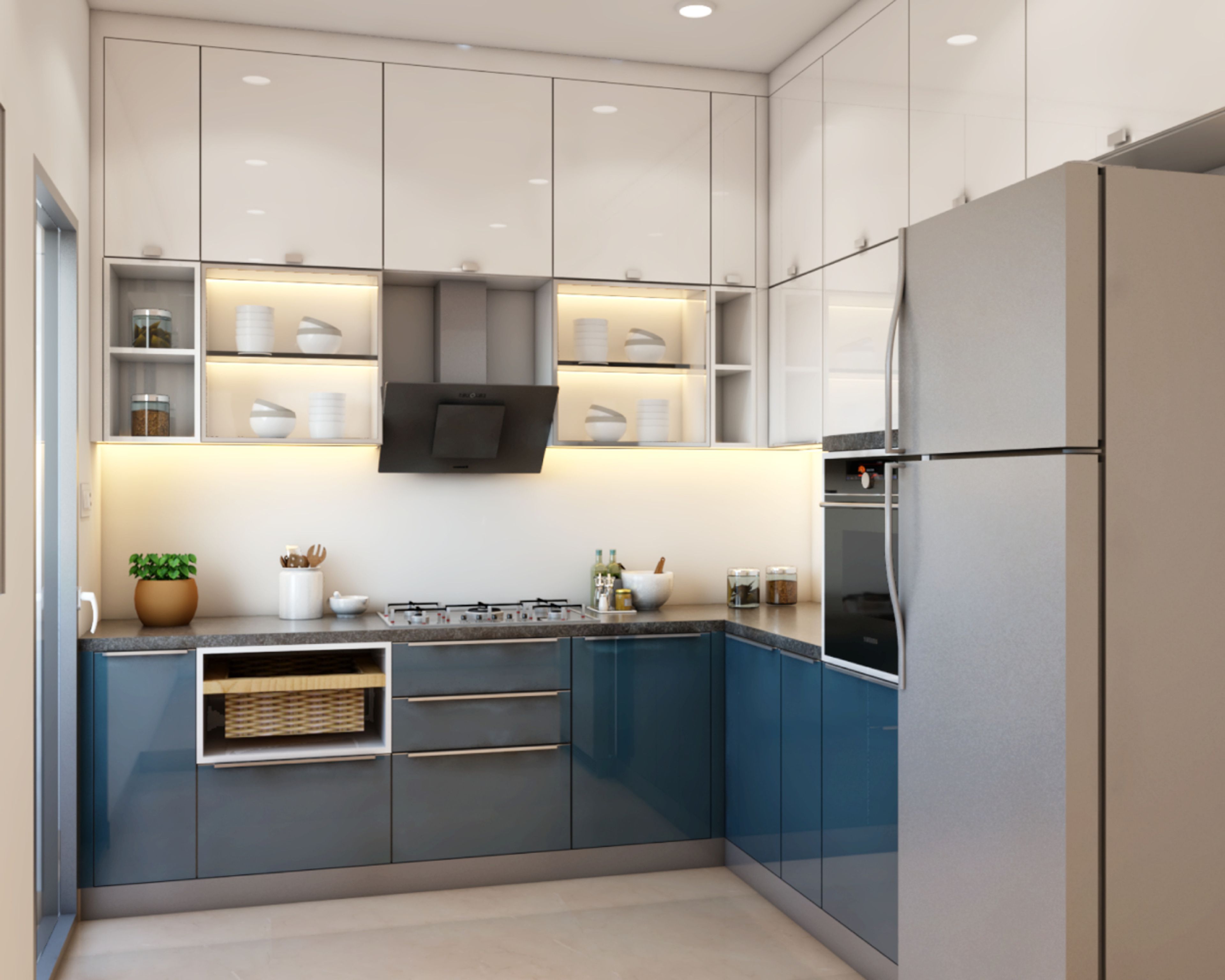 Modern dual tone kitchen with glossy blue and frosty white laminate cabinets and grey granite countertop in Bengaluru | Material Depot