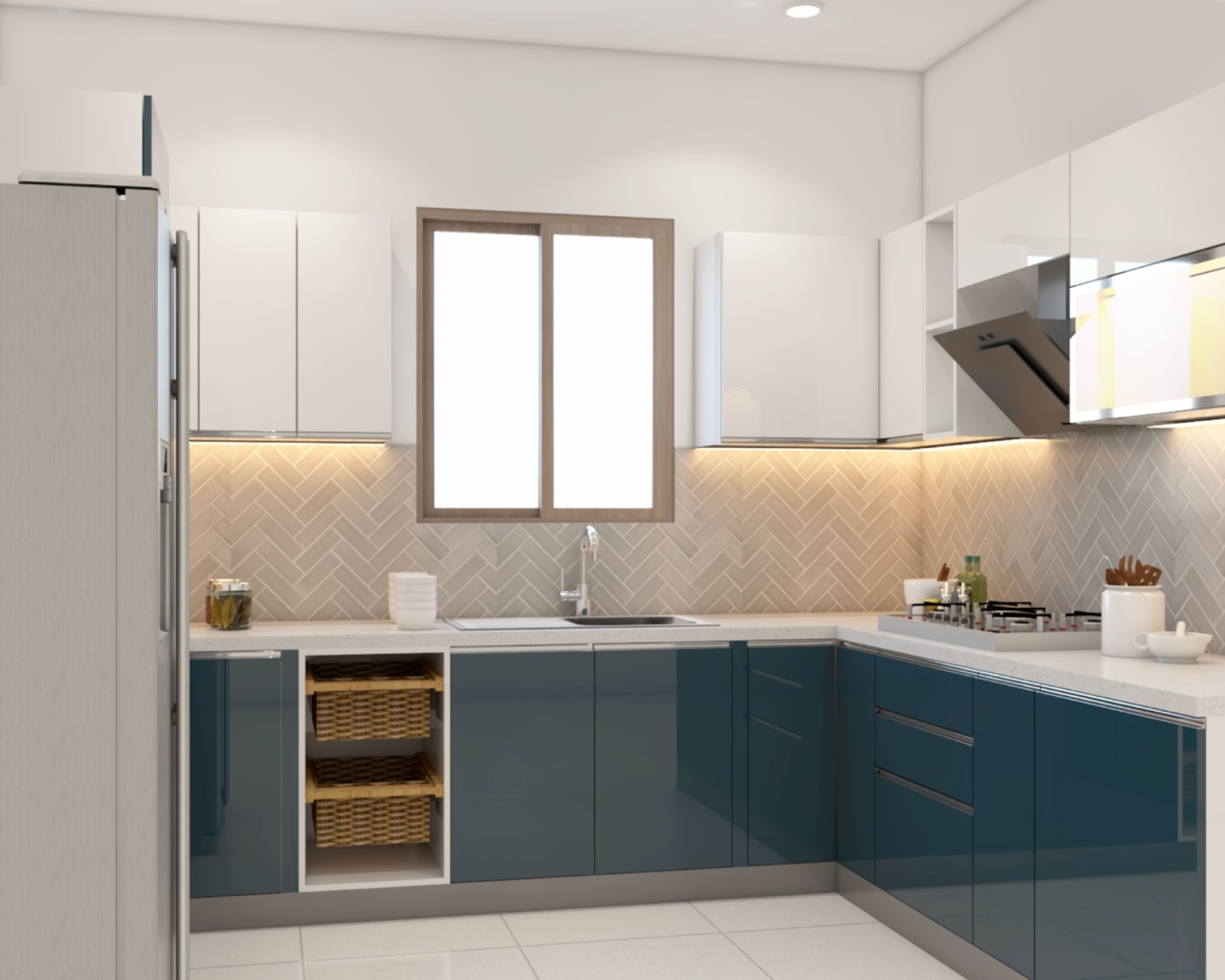 Modern dual tone kitchen with glossy blue and white laminate, white quartz countertop, and beige herringbone backsplash tile in Bengaluru | Material Depot