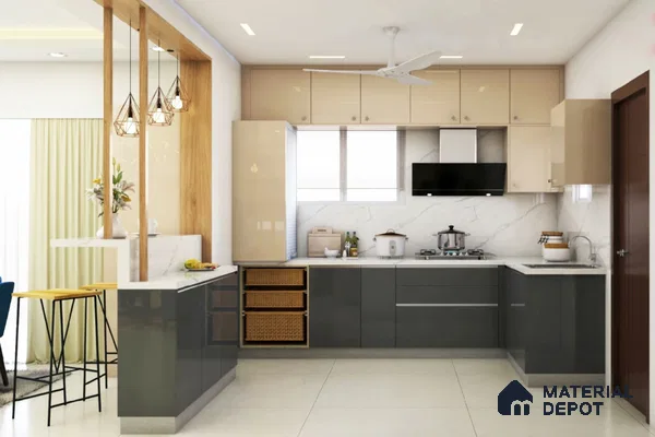 Modern dual tone kitchen with glossy grey and beige laminate, white marble backsplash, and quartz countertop in Bengaluru | Material Depot