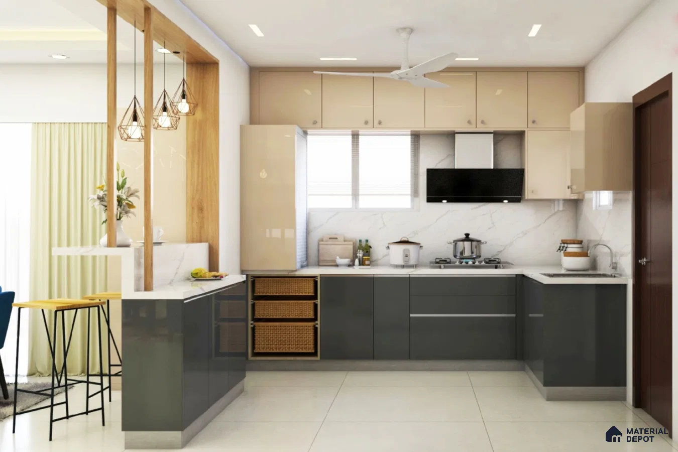Modern dual tone kitchen with glossy grey and beige laminate, white marble backsplash, and quartz countertop in Bengaluru | Material Depot