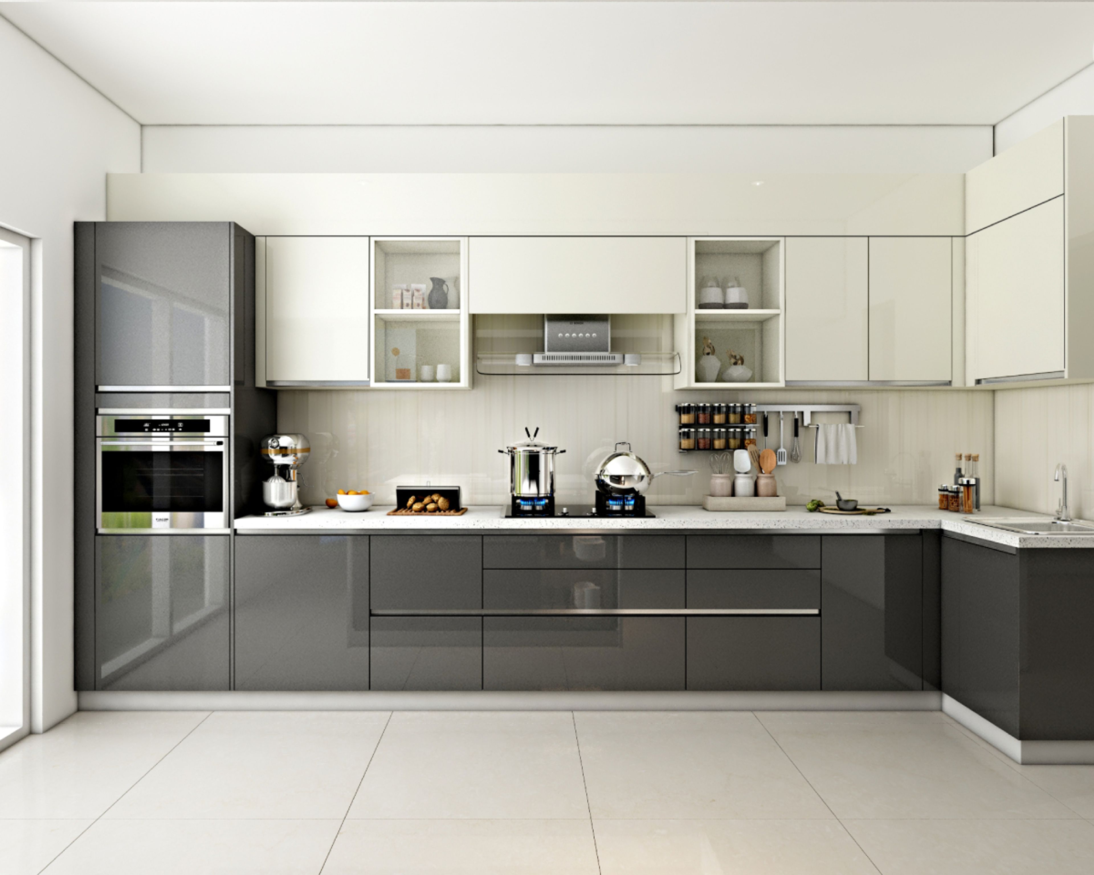 Modern dual tone kitchen with glossy grey and frosty white laminate and white quartz countertop in Bengaluru | Material Depot