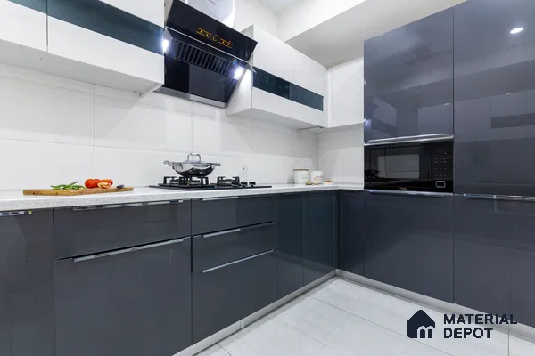Modern dual tone kitchen with glossy grey and frosty white laminate and white quartz countertop in Bengaluru | Material Depot