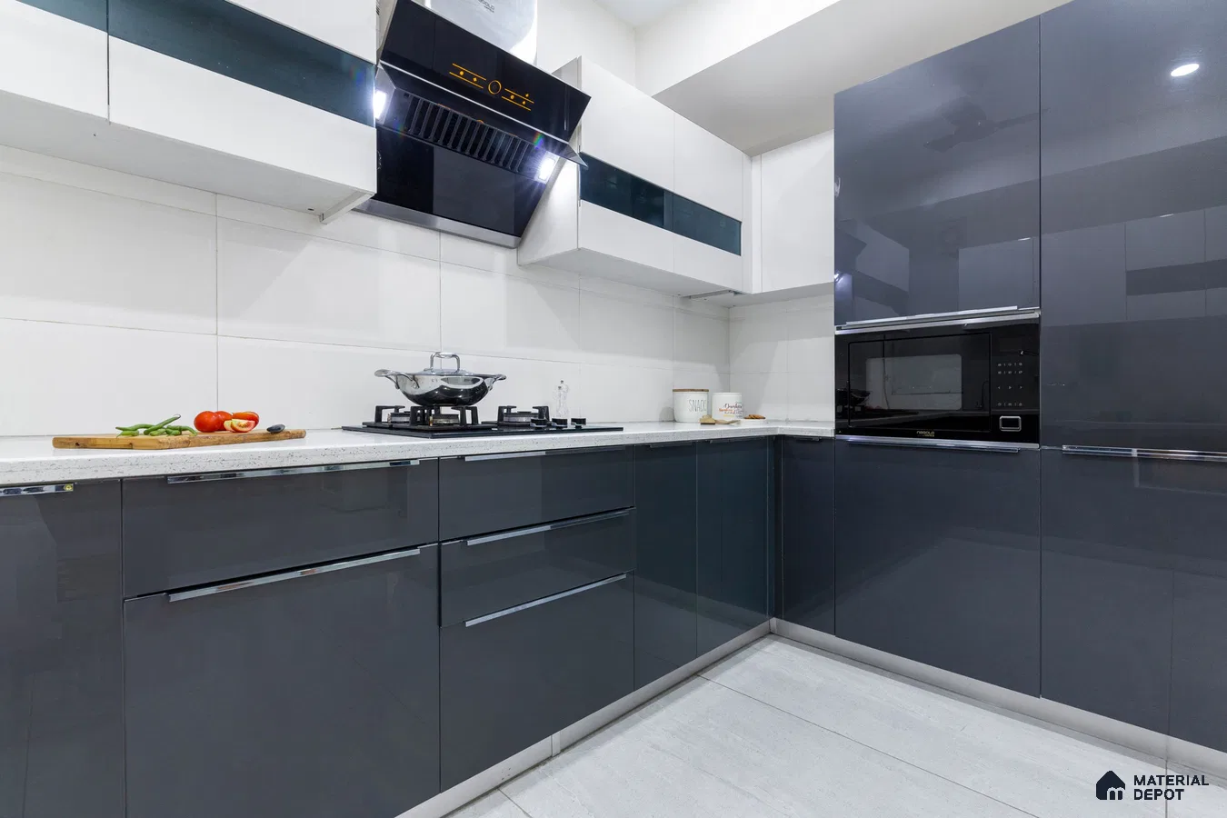 Modern dual tone kitchen with glossy grey and frosty white laminate and white quartz countertop in Bengaluru | Material Depot