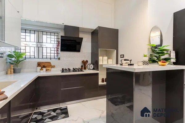 Modern dual tone kitchen with glossy grey and frosty white laminate, white quartz countertop, and geometric 3D backsplash tile in Bengaluru | Material Depot