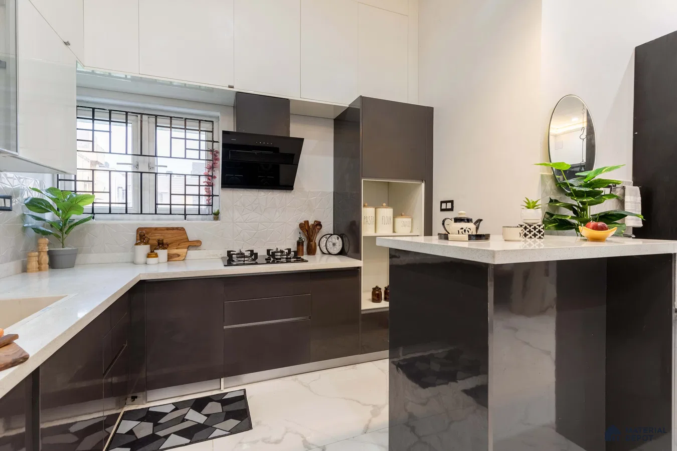 Modern dual tone kitchen with glossy grey and frosty white laminate, white quartz countertop, and geometric 3D backsplash tile in Bengaluru | Material Depot