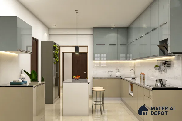 Modern dual tone kitchen with glossy sage green and beige laminates, marble-look backsplash, and quartz countertop in Bengaluru | Material Depot