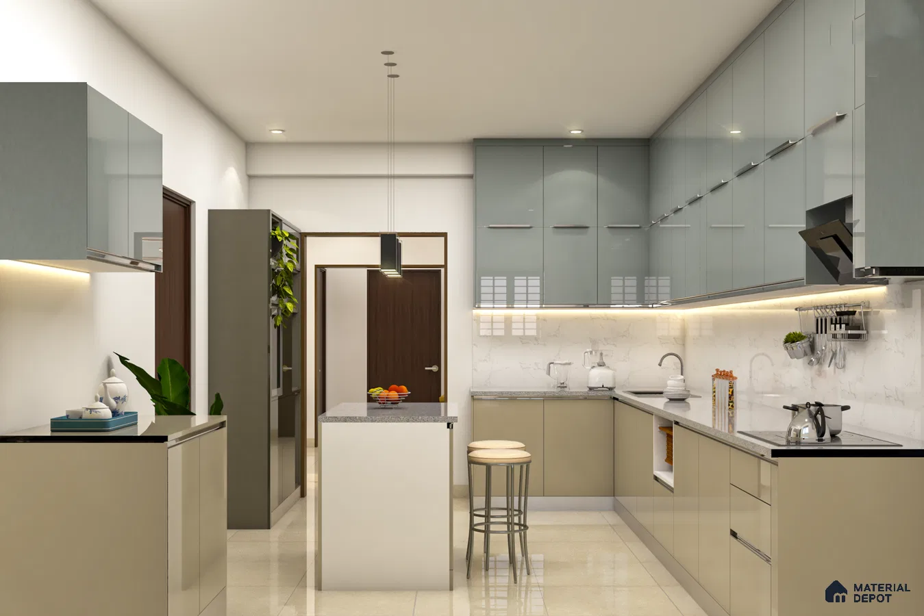 Modern dual tone kitchen with glossy sage green and beige laminates, marble-look backsplash, and quartz countertop in Bengaluru | Material Depot