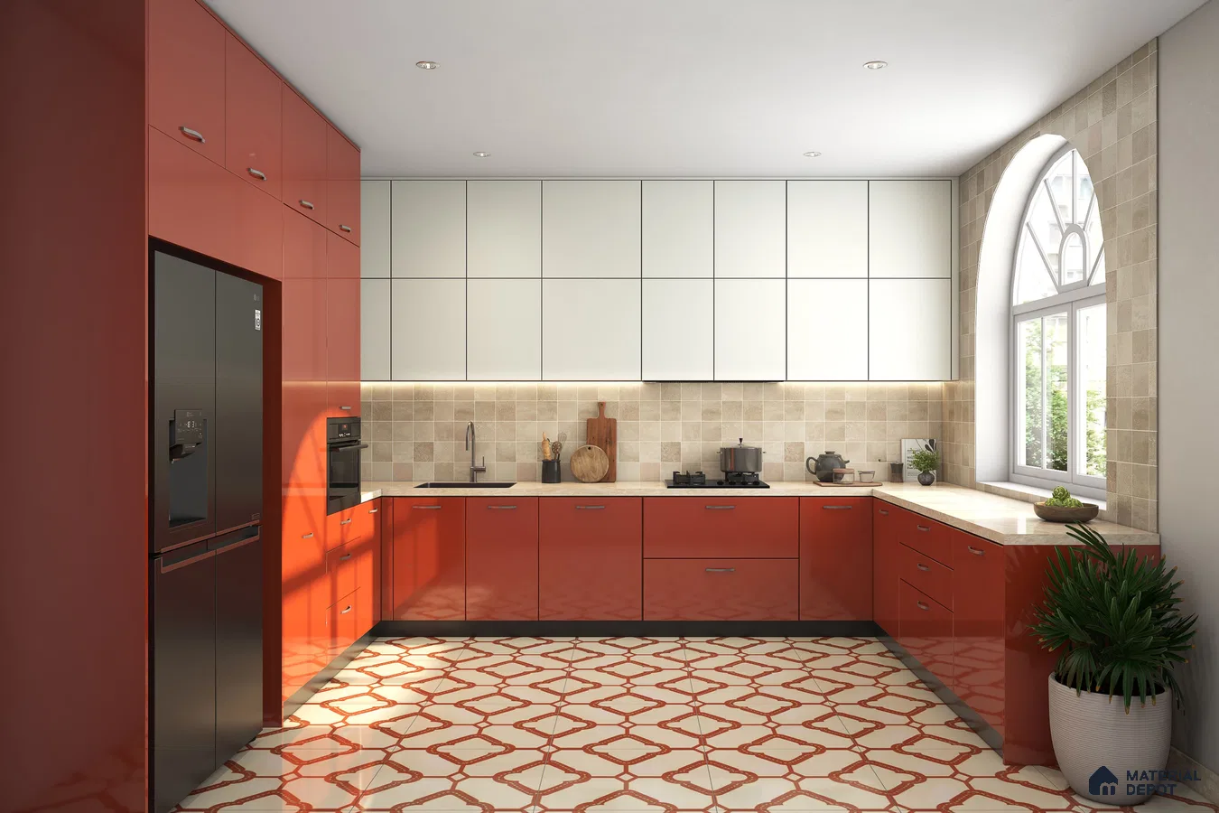 Modern dual tone kitchen with glossy terracotta red and frosty white laminate, beige backsplash tile, and geometric patterned floor tile in Bengaluru | Material Depot