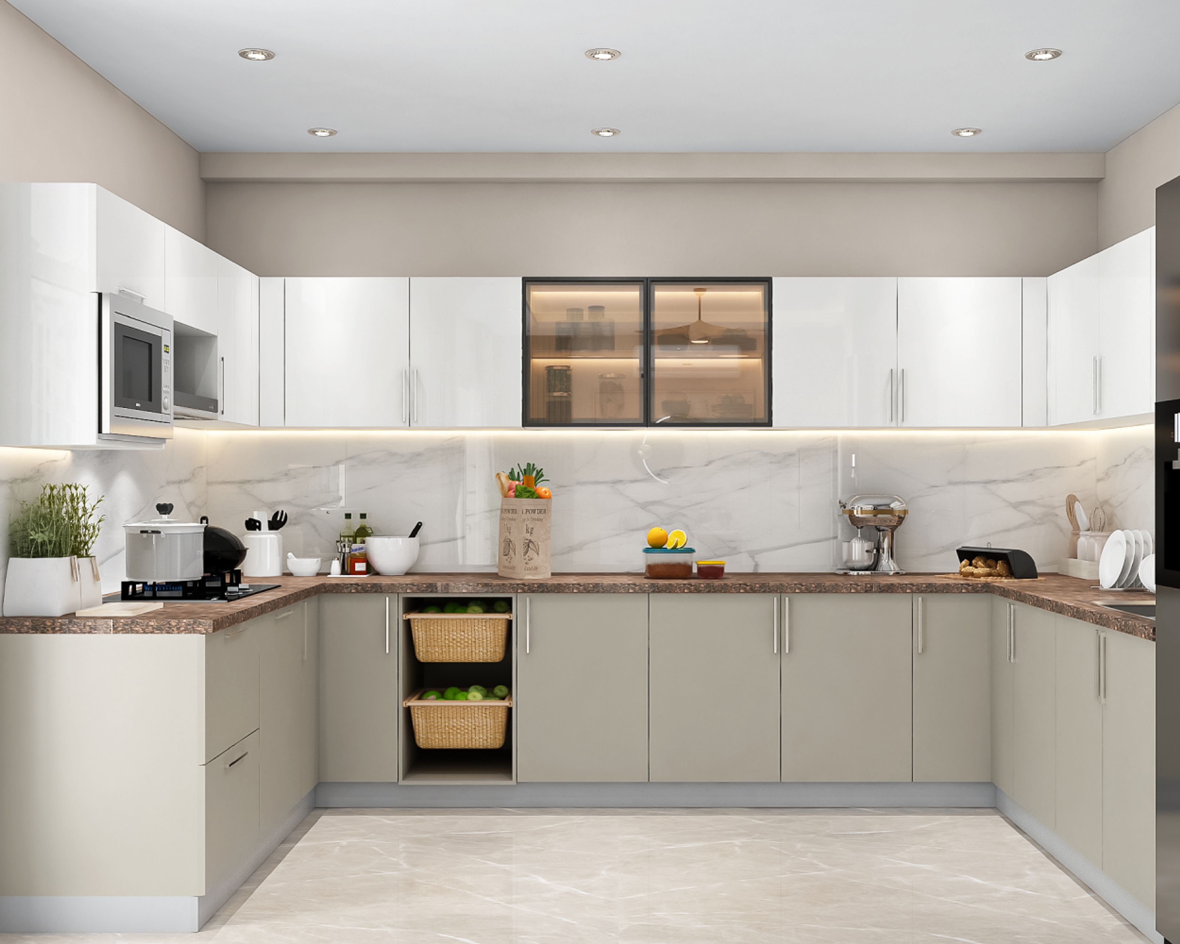 Modern dual tone kitchen with glossy white and beige laminate, marble backsplash, and brown stone countertop in Bengaluru | Material Depot