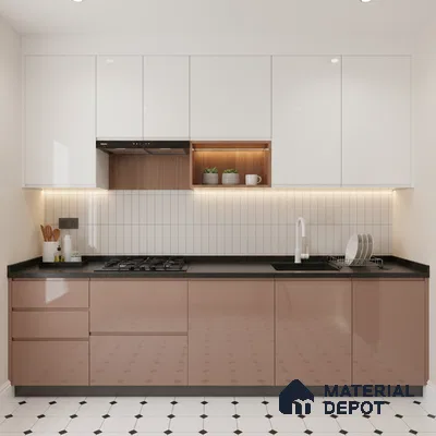 Modern dual tone kitchen with glossy white and blush brown laminate, black quartz countertop, and white geometric floor tiles in Bengaluru