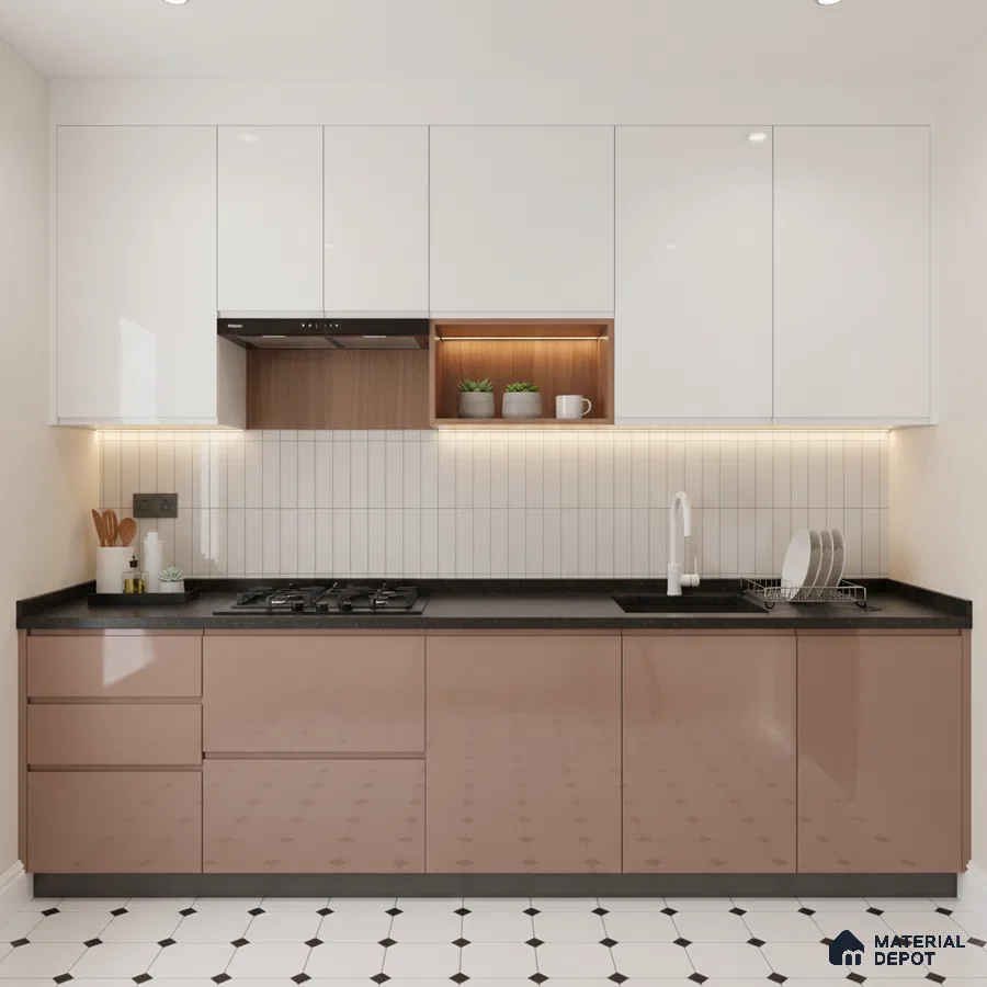 Modern dual tone kitchen with glossy white and blush brown laminate, black quartz countertop, and white geometric floor tiles in Bengaluru