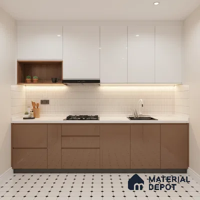 Modern dual tone kitchen with glossy white and cappuccino brown laminate, white quartz countertop, and geometric floor tiles in Bengaluru