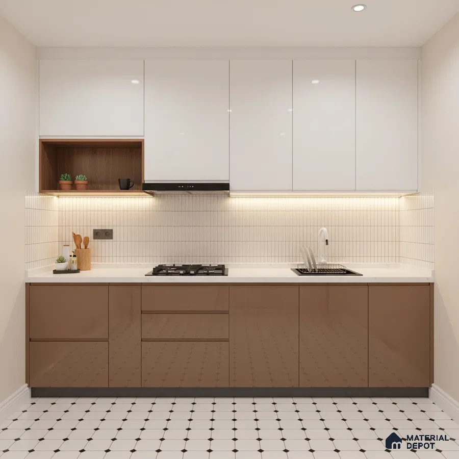 Modern dual tone kitchen with glossy white and cappuccino brown laminate, white quartz countertop, and geometric floor tiles in Bengaluru
