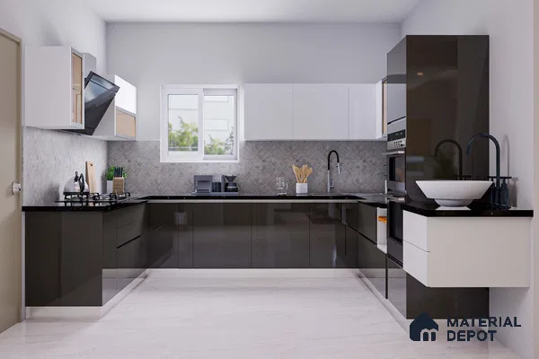 Modern dual tone kitchen with glossy white and charcoal laminate, black quartz countertop, and geometric backsplash tiles in Bengaluru | Material Depot