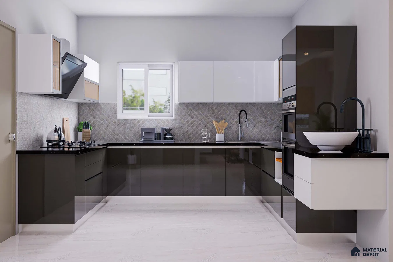 Modern dual tone kitchen with glossy white and charcoal laminate, black quartz countertop, and geometric backsplash tiles in Bengaluru | Material Depot