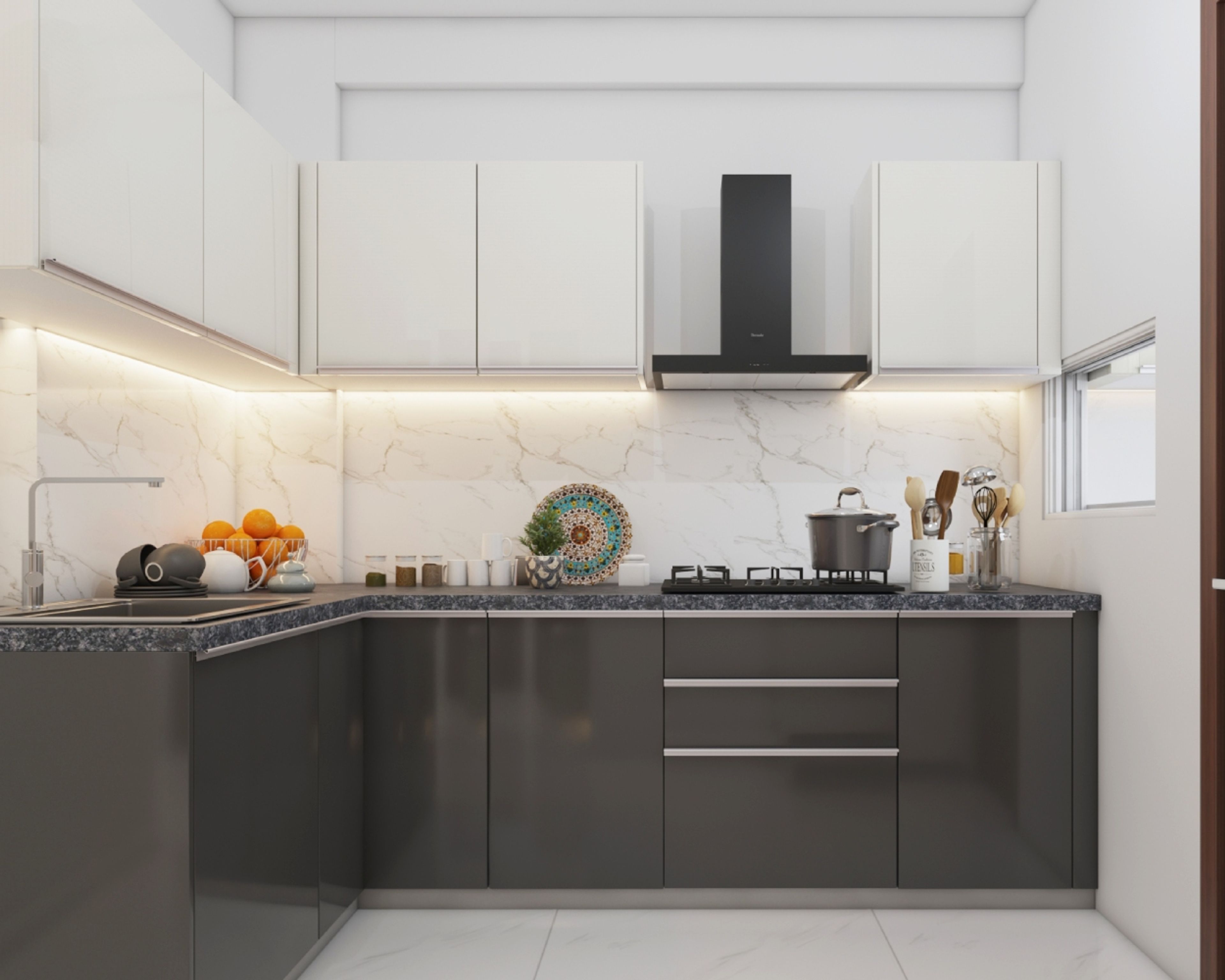 Modern dual tone kitchen with glossy white and graphite grey laminate, marble-look backsplash, and granite countertop in Bengaluru | Material Depot