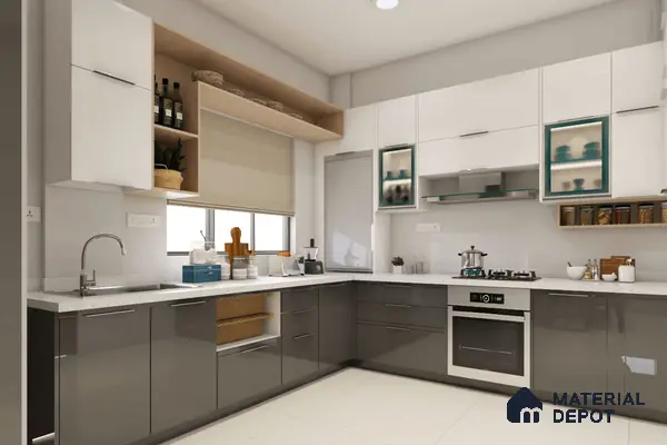 Modern dual tone kitchen with glossy white and grey laminate cabinets and white quartz countertop in Bengaluru | Material Depot