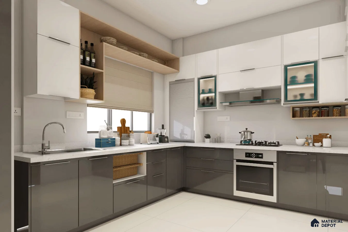 Modern dual tone kitchen with glossy white and grey laminate cabinets and white quartz countertop in Bengaluru | Material Depot