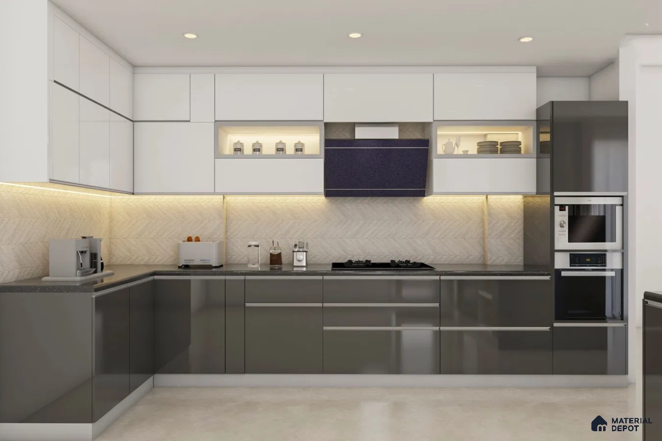 Modern dual tone kitchen with glossy white and grey laminate, chevron beige backsplash tile, and black quartz countertop in Bengaluru | Material Depot