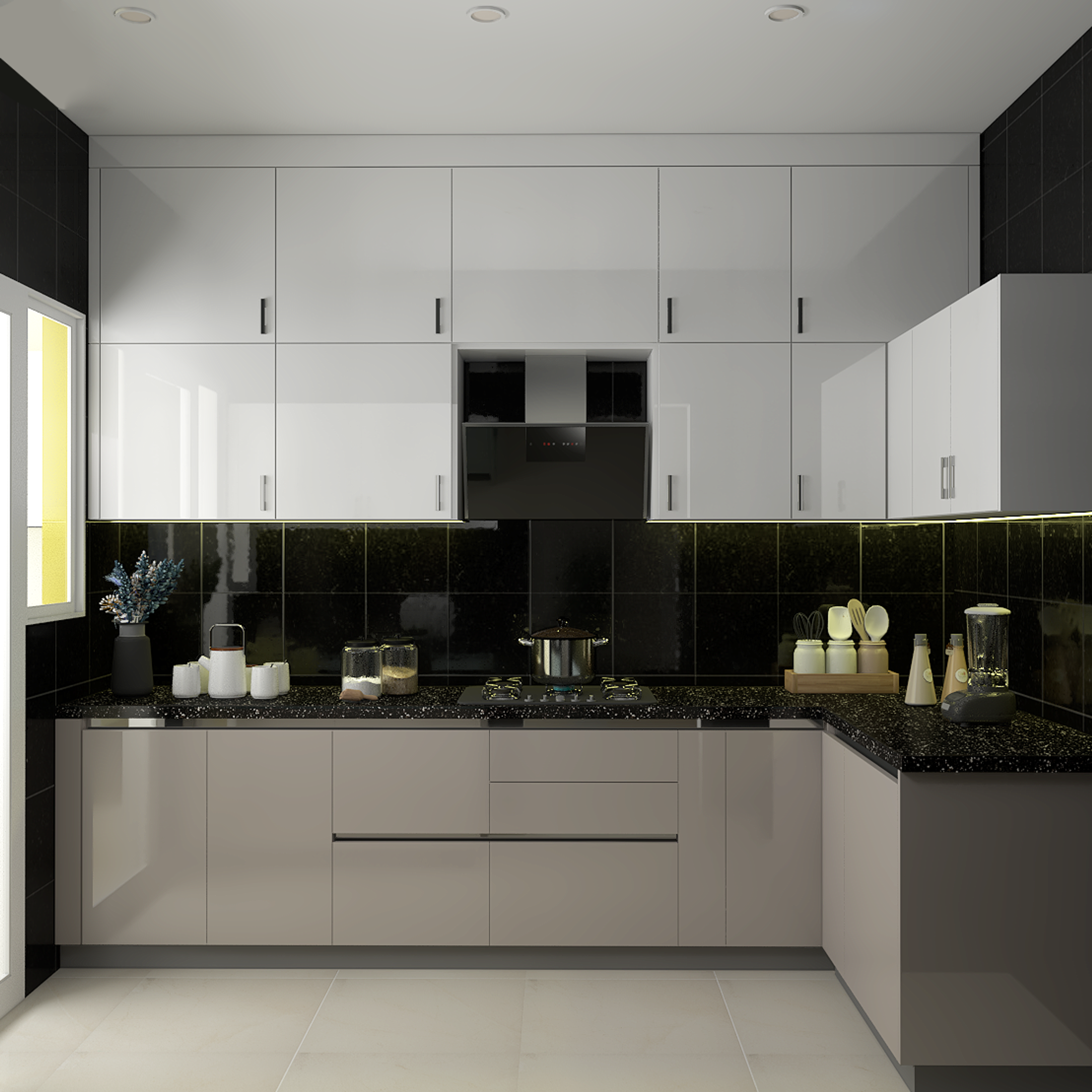 Modern dual tone kitchen with glossy white and taupe laminate, black quartz countertop, and black tile backsplash in Bengaluru | Material Depot
